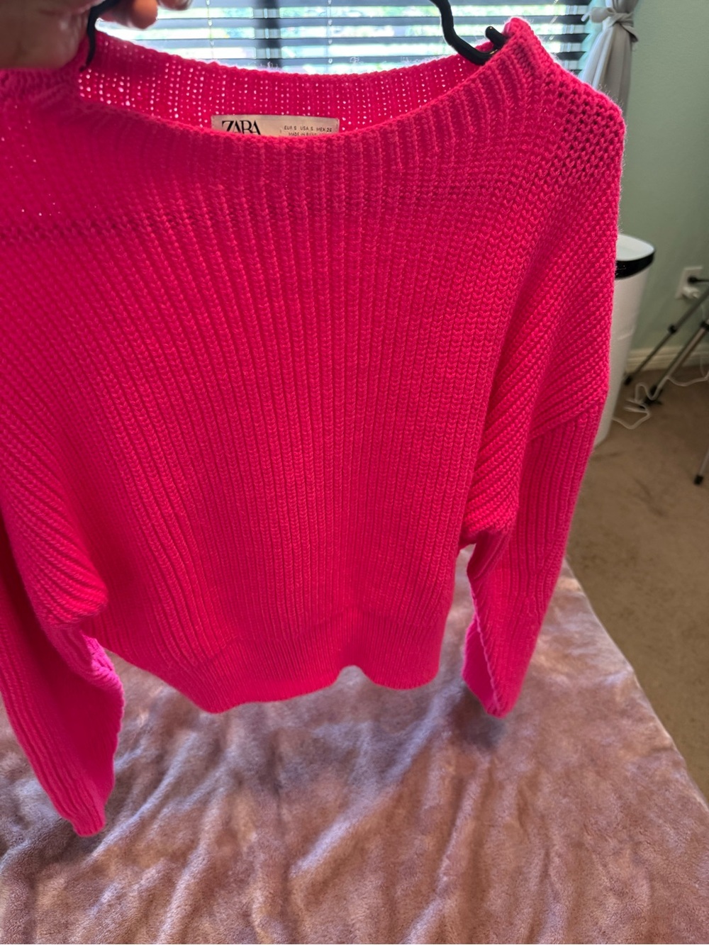 Zara Hot Pink Ribbed Crewneck Sweater